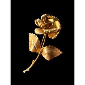 Ladies Gold 3D Rose Stem & Flower Brooch Pin